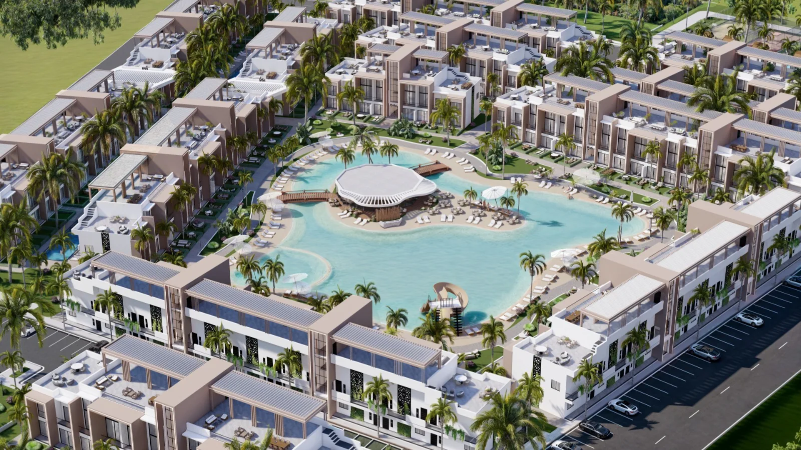 Luftbild der Anlage mit dem zentralen Lagunenpool